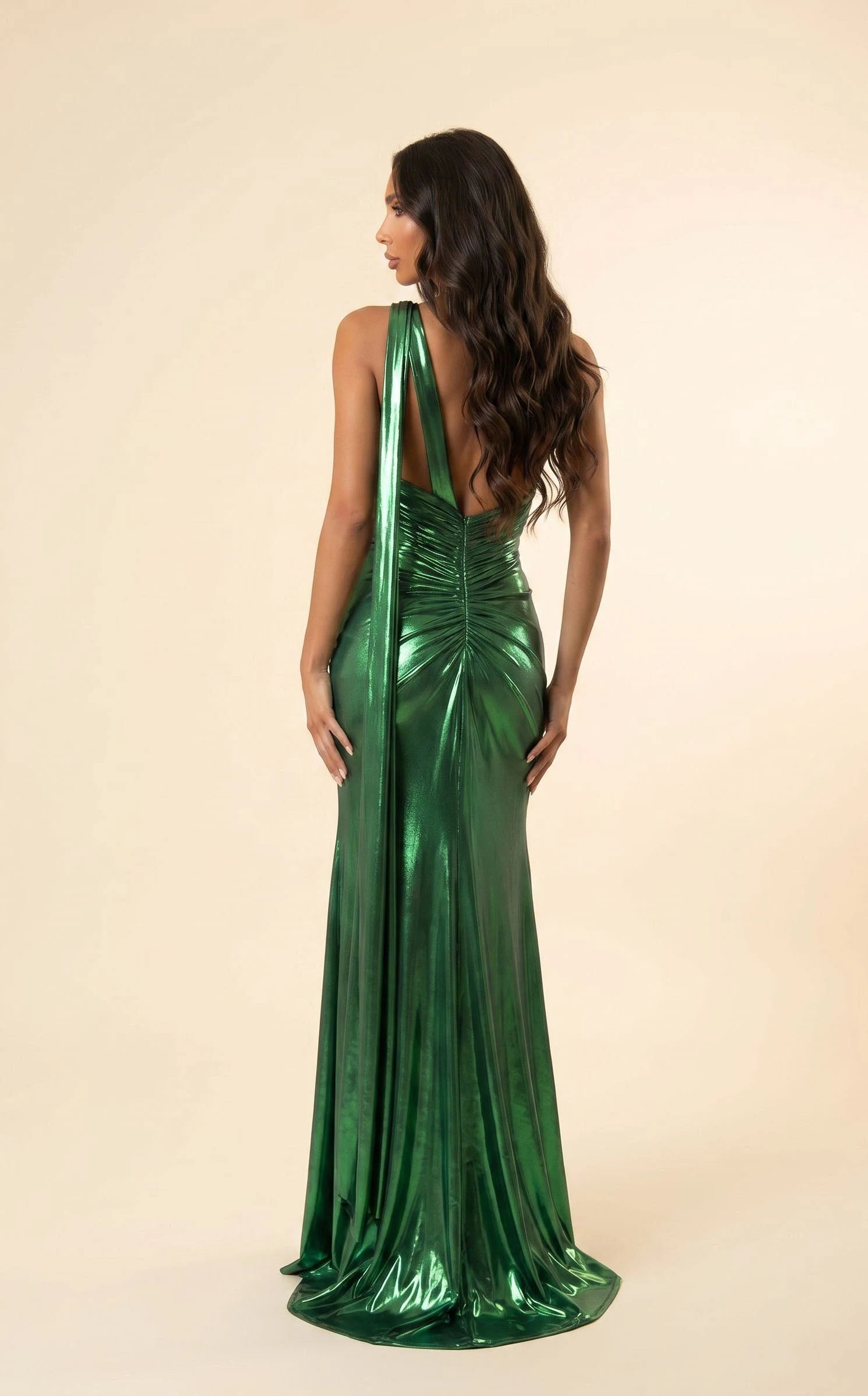 Shimmering Sheath One-Shoulder Draped Emerald Green Long Prom Dress Women's Gown