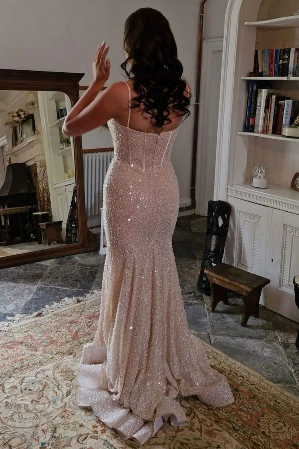 Elegant light blue mermaid prom dress with sparkling details.