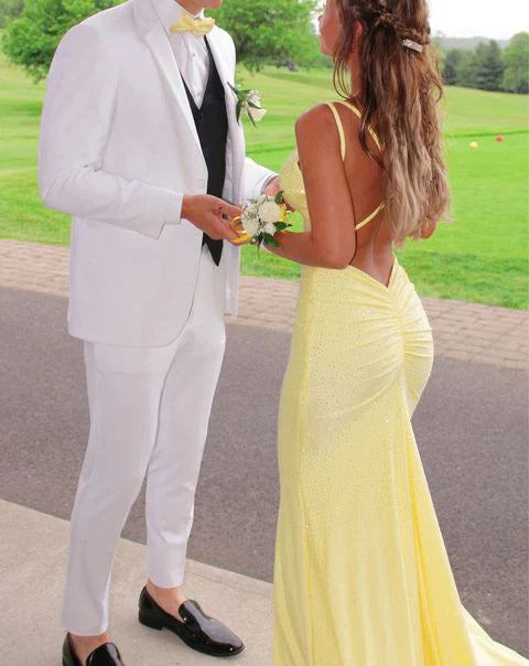 Yellow glitter mermaid dress with V-neck and crisscross lace-up back detail.
