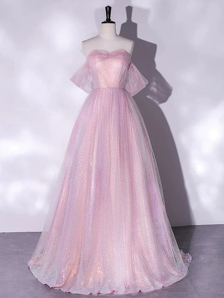 Shiny off-shoulder sweetheart tulle A-line prom dress in periwinkle blue.