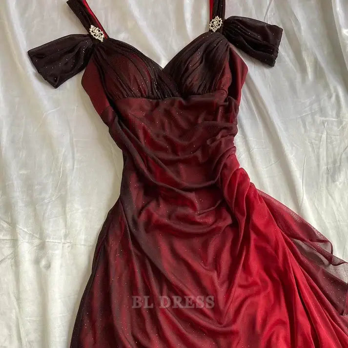 Back view of an elegant burgundy long formal dress with an A-line silhouette.
