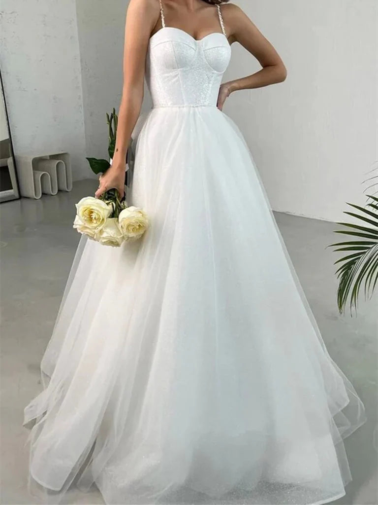 Elegant shiny tulle A-line long prom dress with sweetheart neckline.