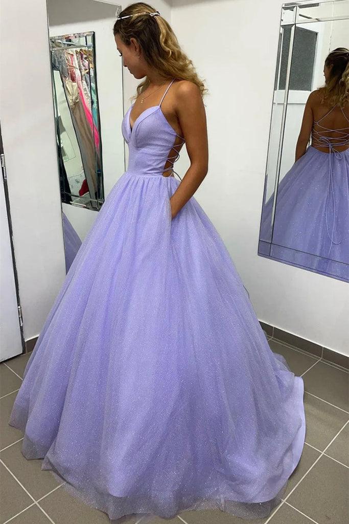 A Line V Neck Tulle Shiny Lavender Prom Formal Dress With Pocket