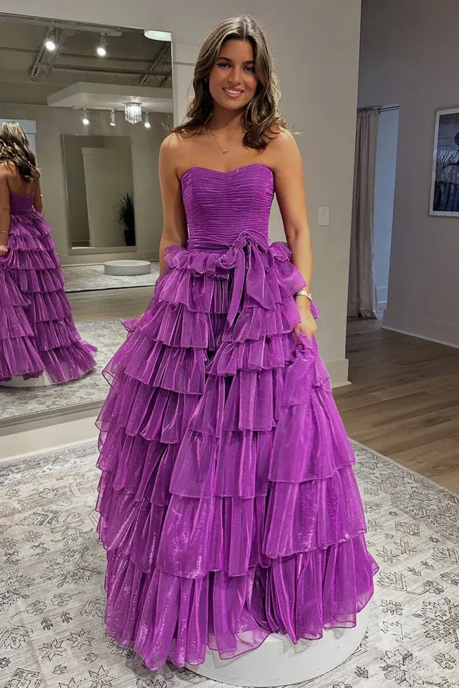 Showstopping Strapless Sweetheart Ruched Tiered Organza A-Line Maxi Prom Dress with Sash