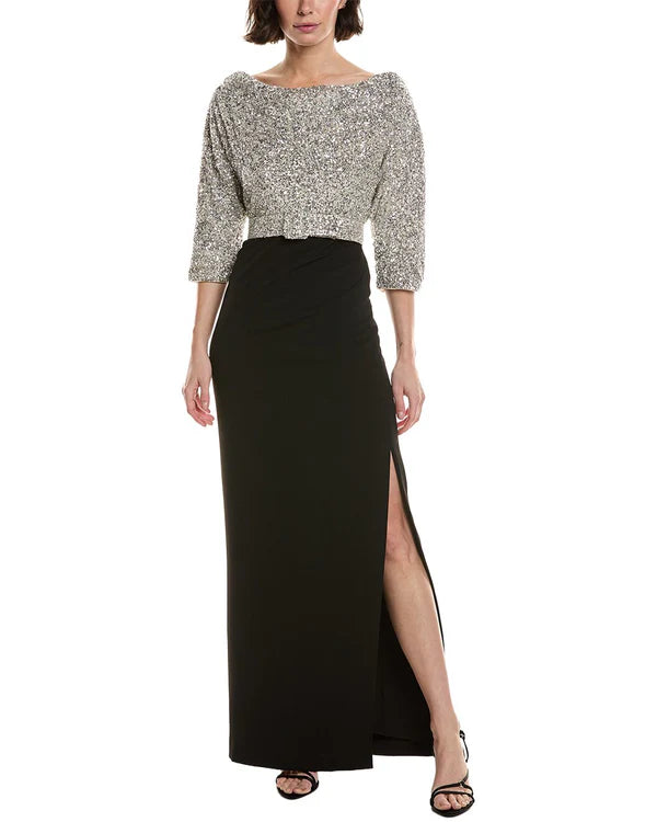 Silver Black Sequin Bodice Sheath Boat Neck 3/4 Sleeve Back Zipper Slit Floor Length Formal Evening Prom Dress