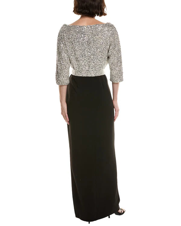 Silver Black Sequin Bodice Sheath Boat Neck 3/4 Sleeve Back Zipper Slit Floor Length Formal Evening Prom Dress