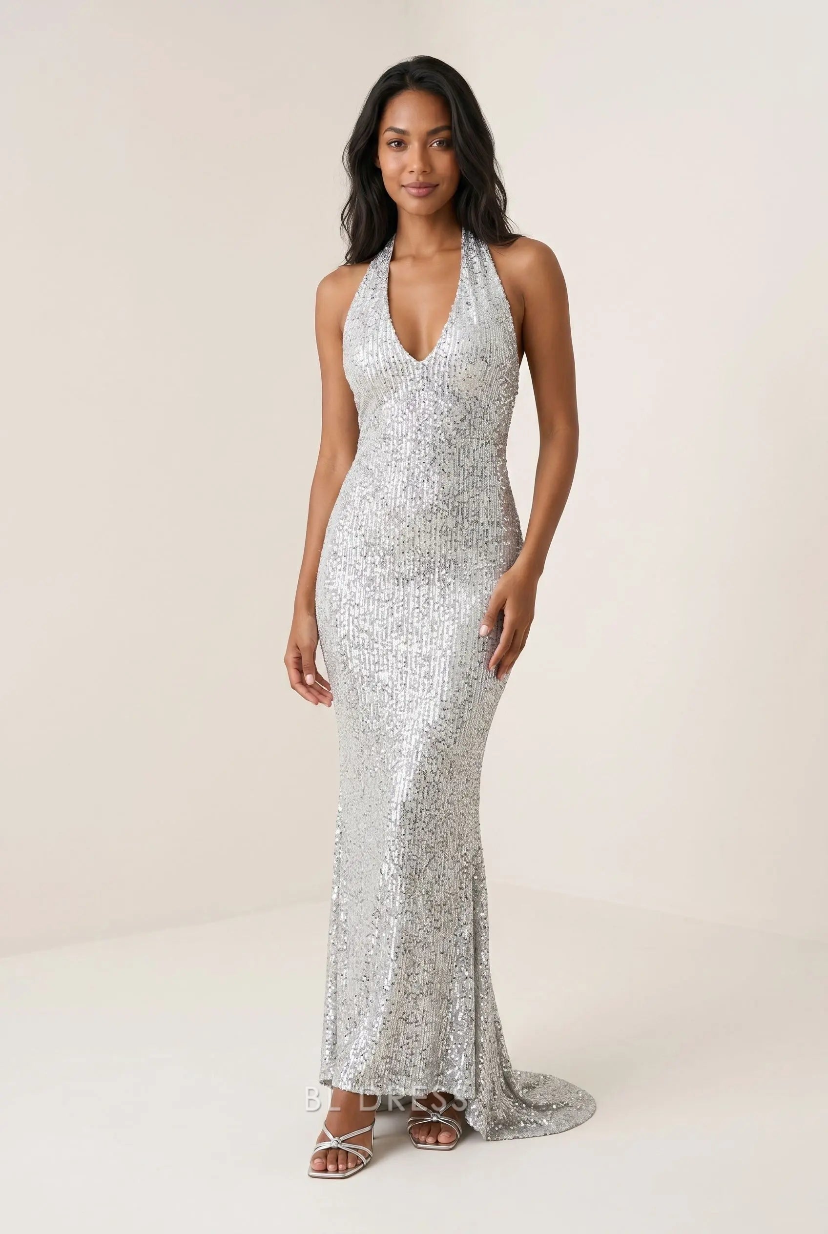 Silver Halter Neck Open Back All Over Sequin Mermaid Floor Length Prom Dress