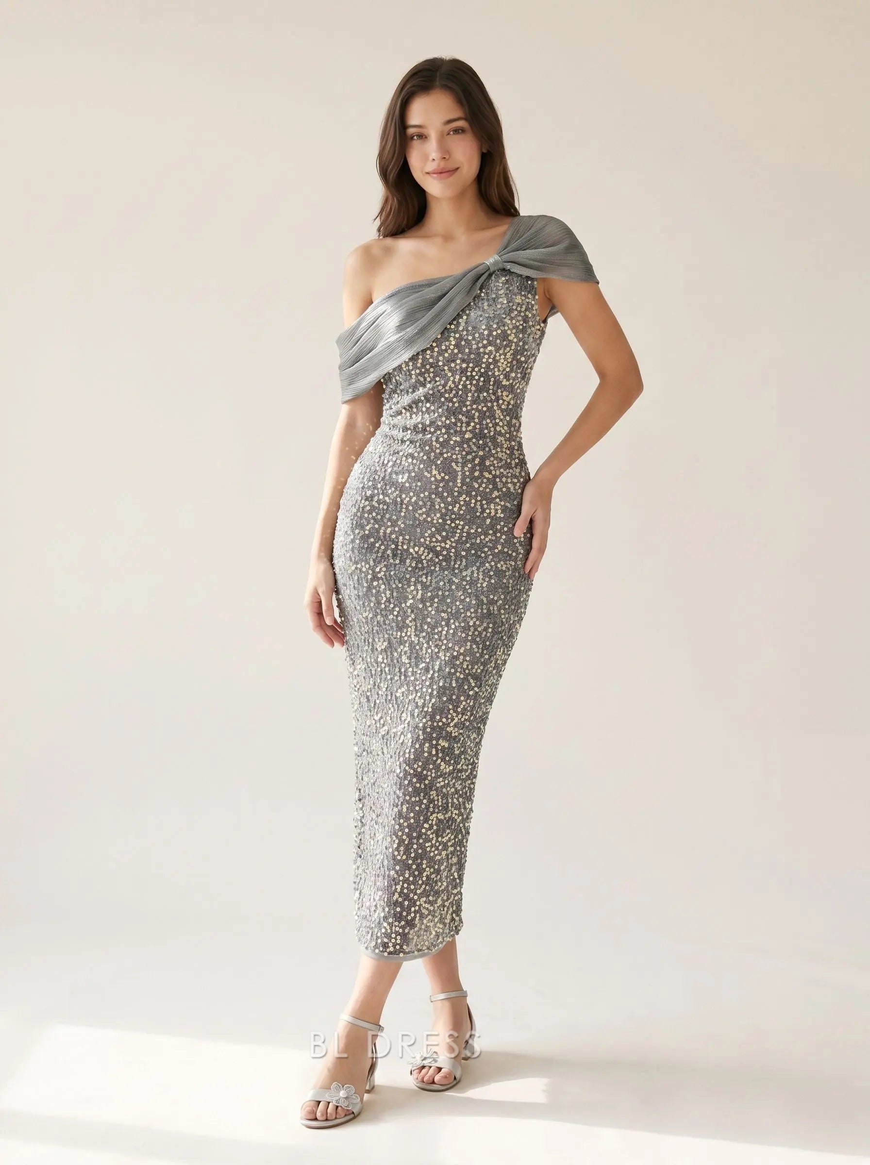 Silver One Shoulder Pleated Chiffon Bow Detail Allover Scattered Sequin Fitted Midi Prom Dress