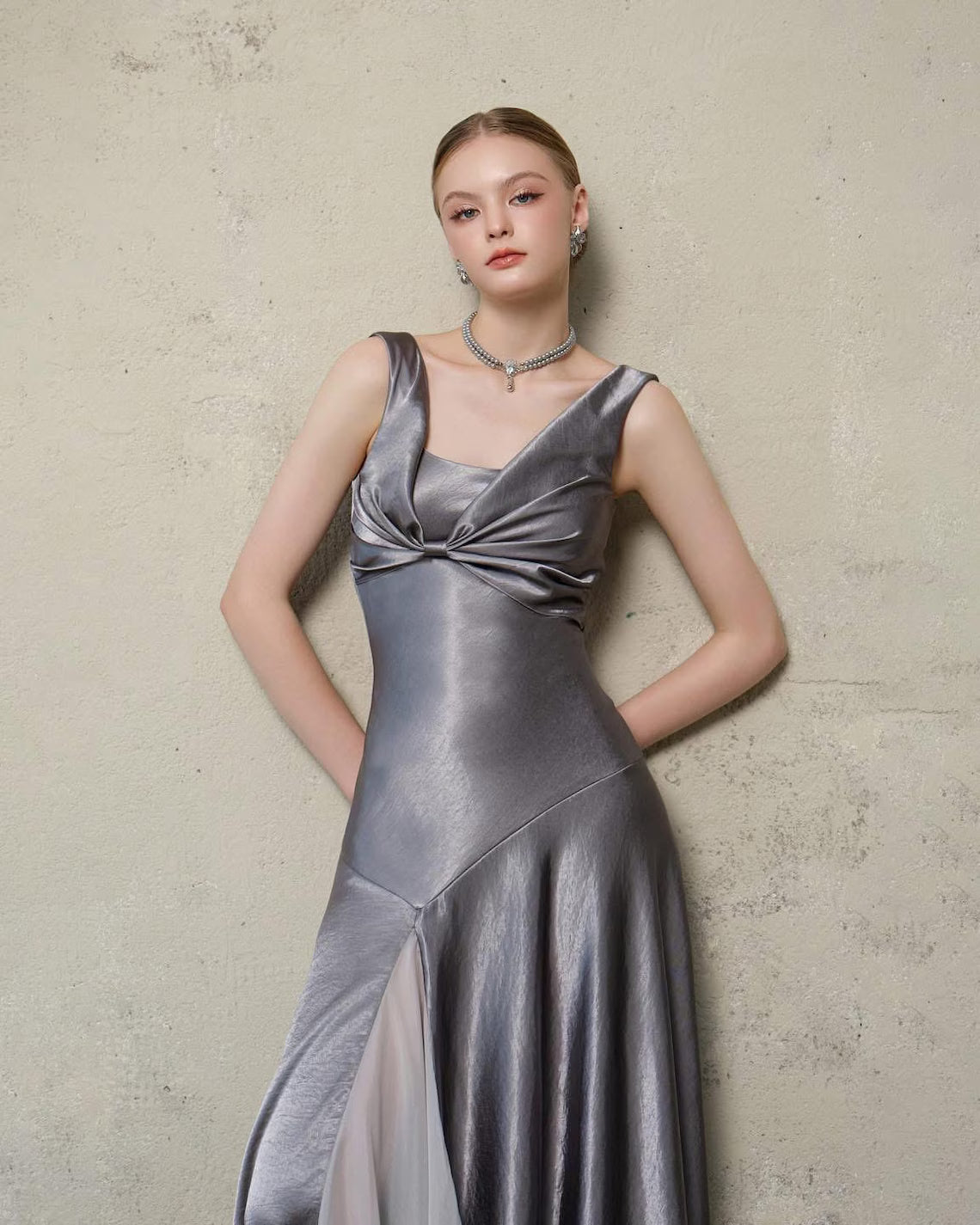 Silver Satin Bow Detail Square Neck Slit Maxi Evening Dress