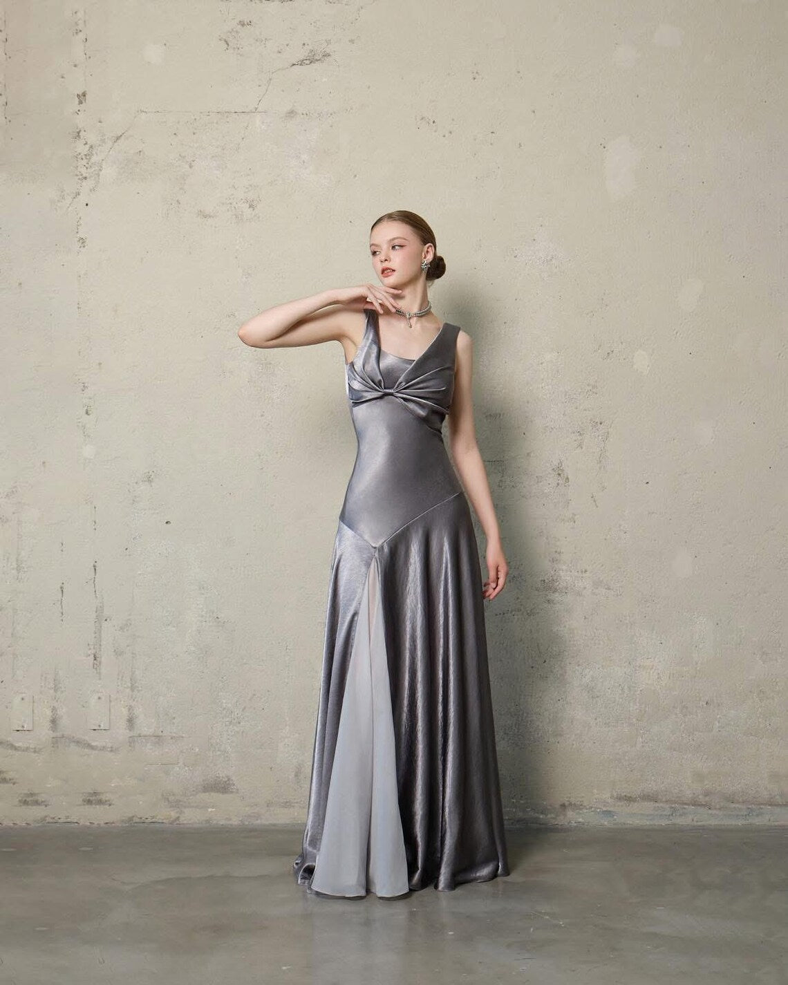 Silver Satin Bow Detail Square Neck Slit Maxi Evening Dress