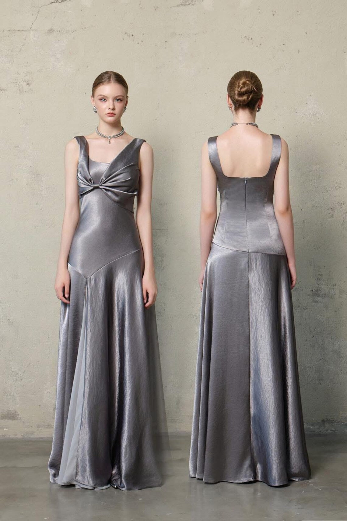 Silver Satin Bow Detail Square Neck Slit Maxi Evening Dress