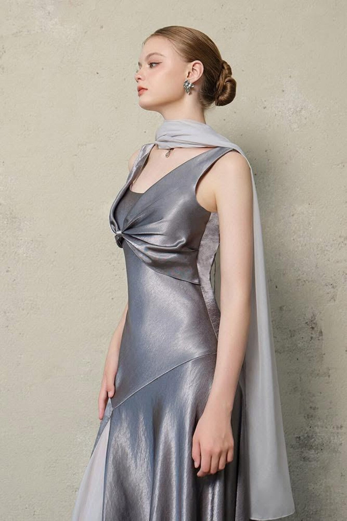 Silver Satin Bow Detail Square Neck Slit Maxi Evening Dress