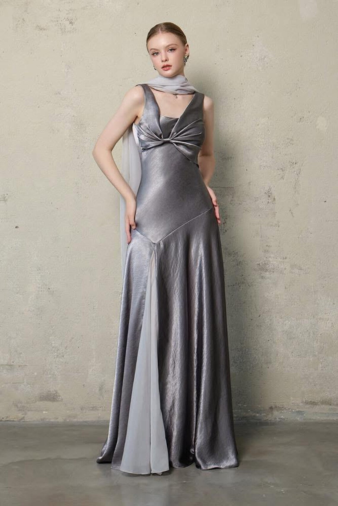 Silver Satin Bow Detail Square Neck Slit Maxi Evening Dress