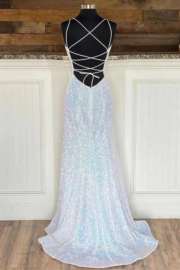 A-line Sequins Sheath Spaghetti Straps Long Prom Dress Evening Gowns
