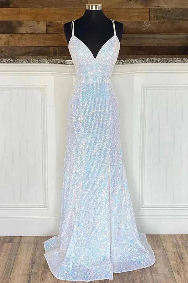 A-line Sequins Sheath Spaghetti Straps Long Prom Dress Evening Gowns