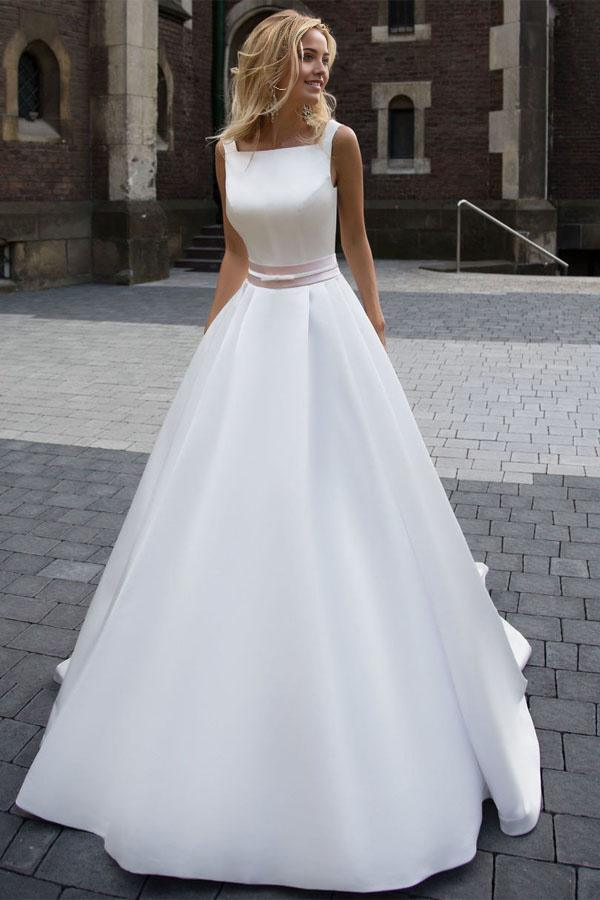 Elegant ivory A-line V-neck satin wedding dress, front view.