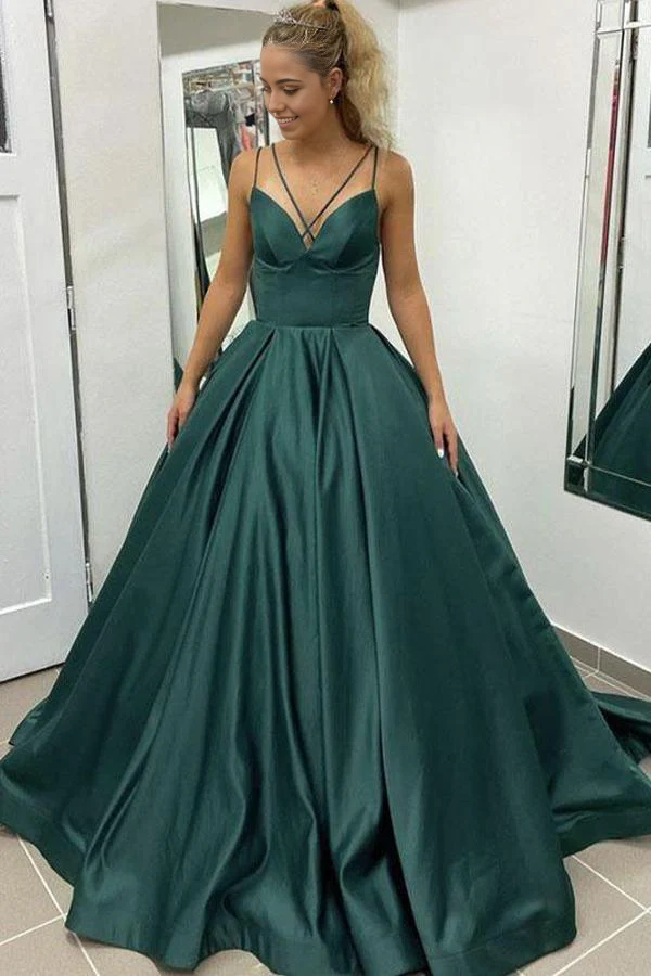 Full view of an A-line V-neck satin prom dress with pockets.