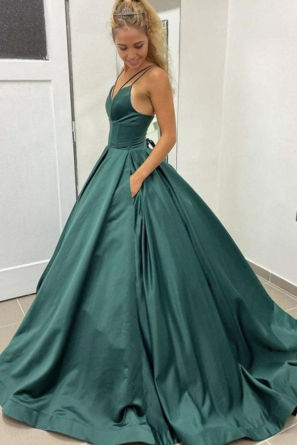 Back view of an elegant A-line prom dress featuring a V-neck and straps.