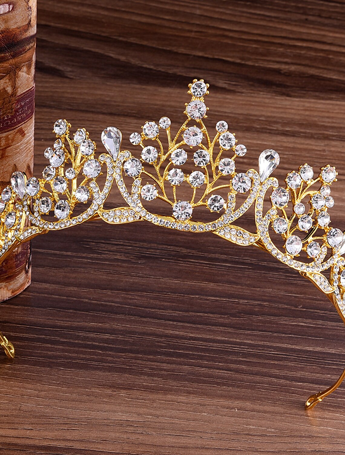 Metal bridal headpiece displayed from an angle.