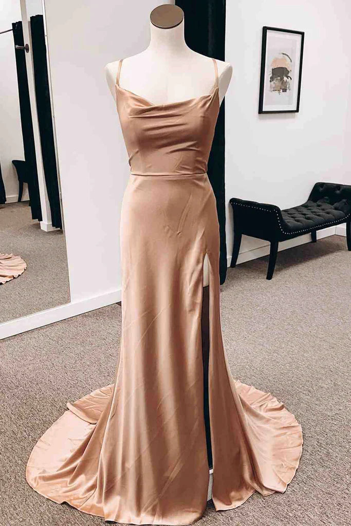 Simple Sheath Satin Long Wedding Guest Dresses Formal Evening Dress