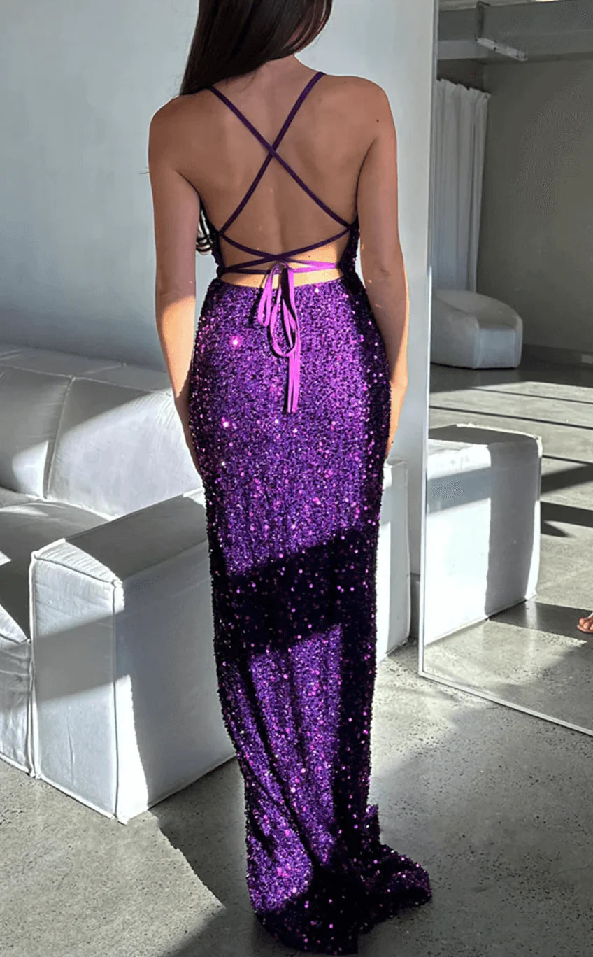 Mermaid Straps Simple Iridescent Sequin Prom Formal Dresses With Split