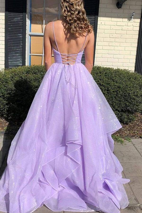 A-line Simple V Neck Tulle Long Prom Dress Lilac Formal Dress