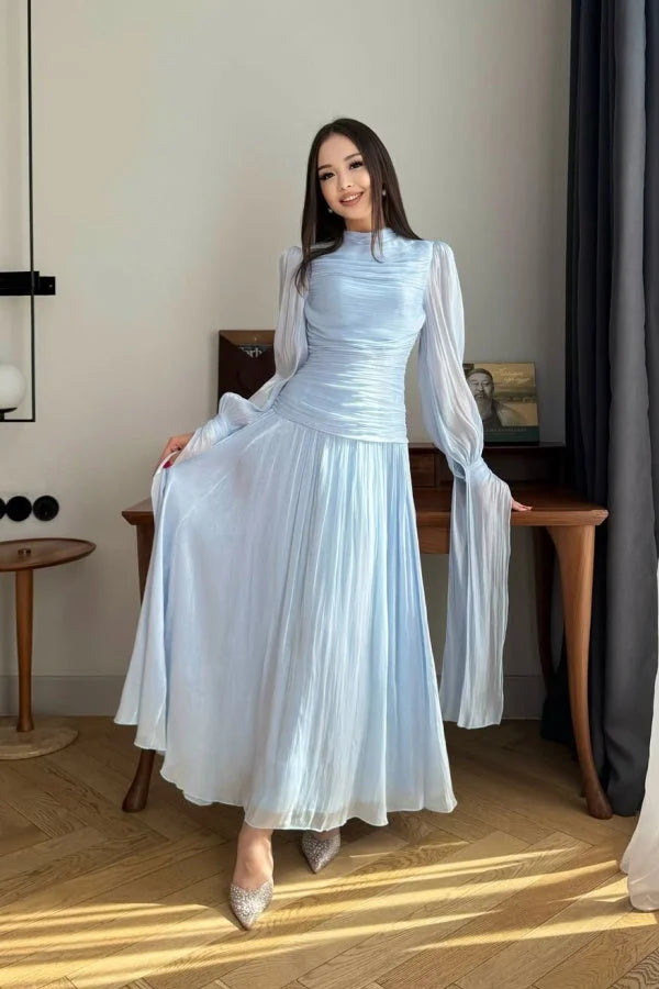 Sky Blue Long Sleeve Chiffon Prom Dresses with High Neck Ruched Bodice Flowy Pleated Skirt for Prom and Bridesmaid