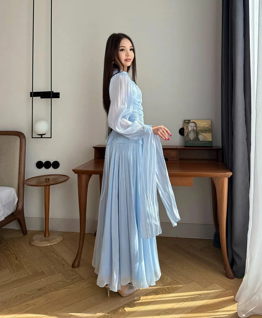 Sky Blue Long Sleeve Chiffon Prom Dresses with High Neck Ruched Bodice Flowy Pleated Skirt for Prom and Bridesmaid