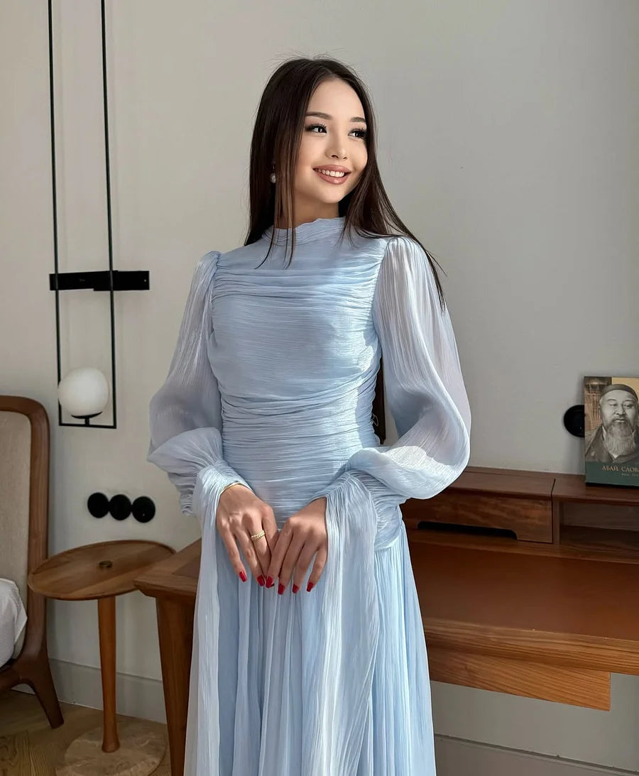 Sky Blue Long Sleeve Chiffon Prom Dresses with High Neck Ruched Bodice Flowy Pleated Skirt for Prom and Bridesmaid