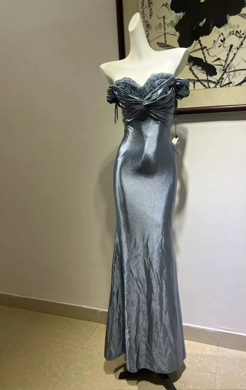 Slate Blue Off-the-Shoulder Satin Mermaid Floor Length Prom Dress