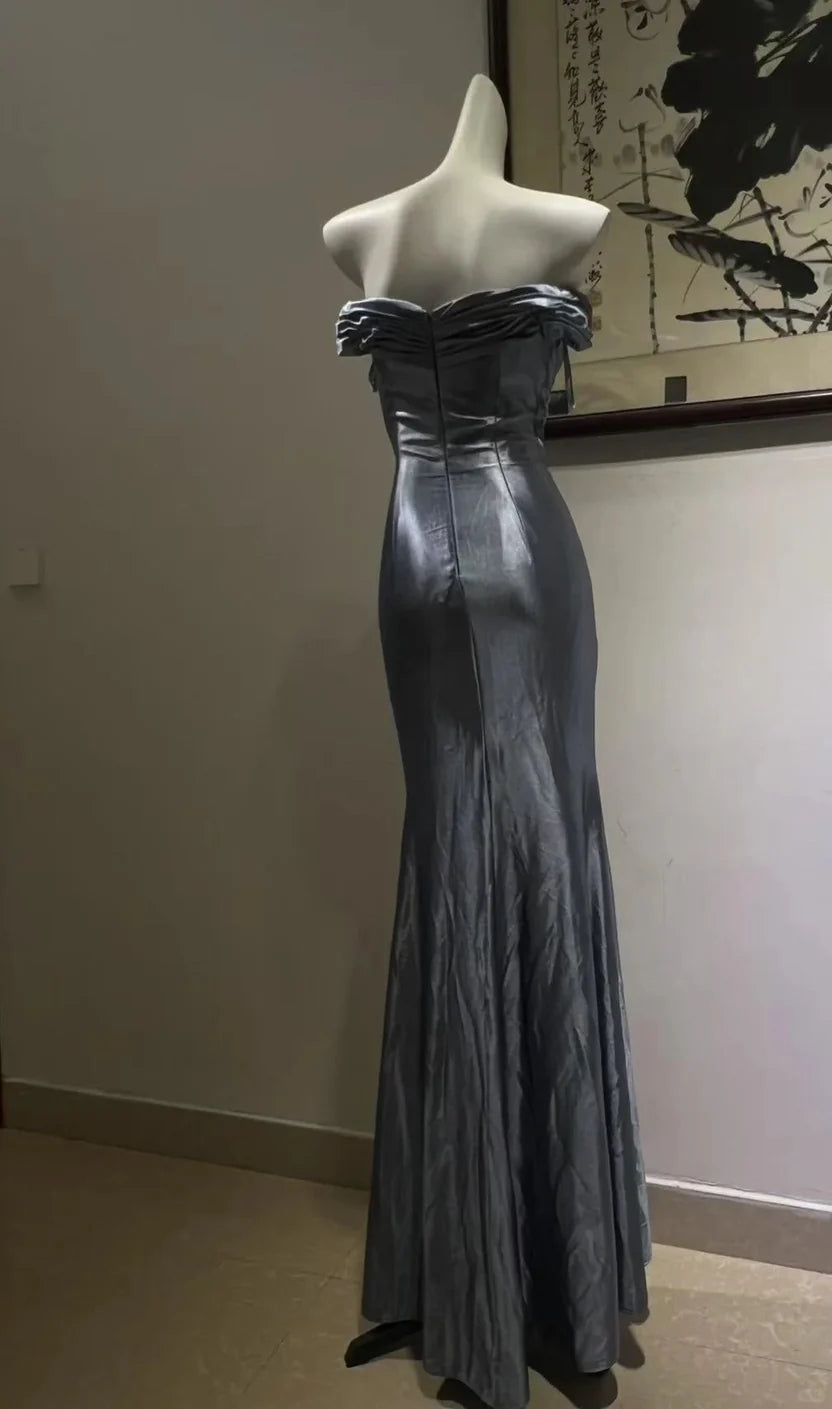 Slate Blue Off-the-Shoulder Satin Mermaid Floor Length Prom Dress