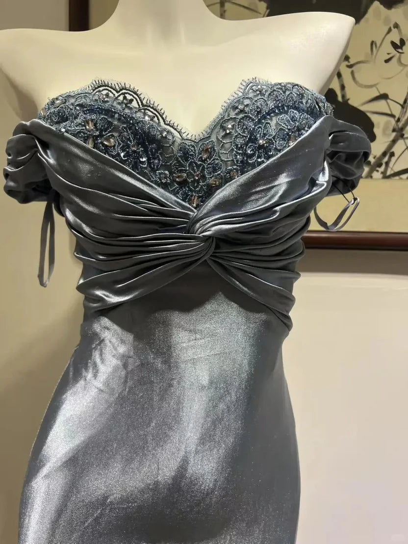 Slate Blue Off-the-Shoulder Satin Mermaid Floor Length Prom Dress