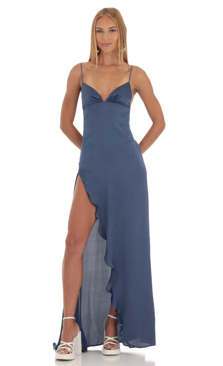 Slate Blue Spaghetti Strap Prom Dress With V-Neckline And Open Tie Back Formal Prom Dress