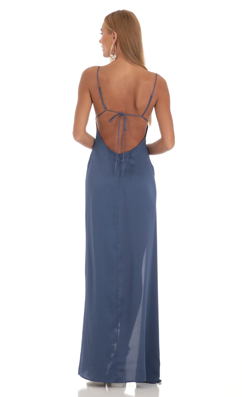 Slate Blue Spaghetti Strap Prom Dress With V-Neckline And Open Tie Back Formal Prom Dress