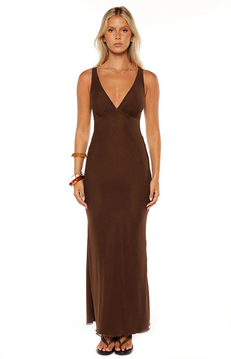 Sleek Mermaid Deep V Neck Sleeveless Open Back Floor Length Prom Dress