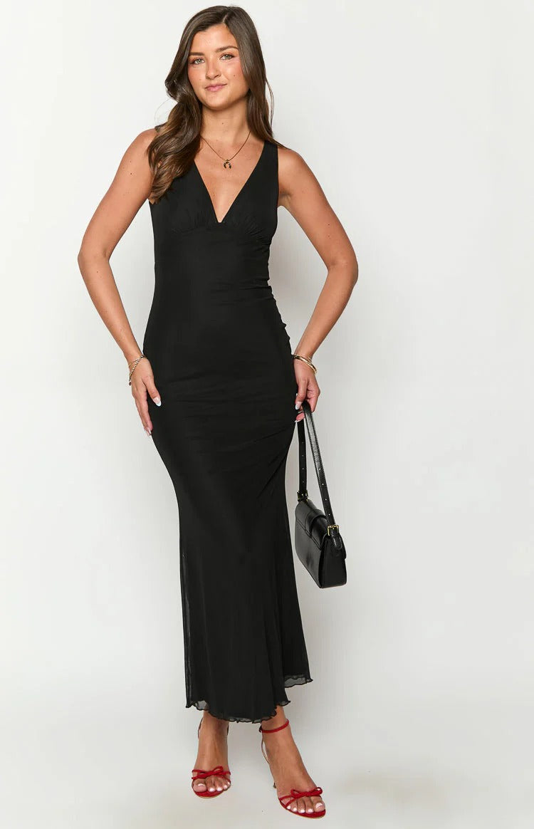 Sleek Mermaid Deep V Neck Sleeveless Open Back Floor Length Prom Dress