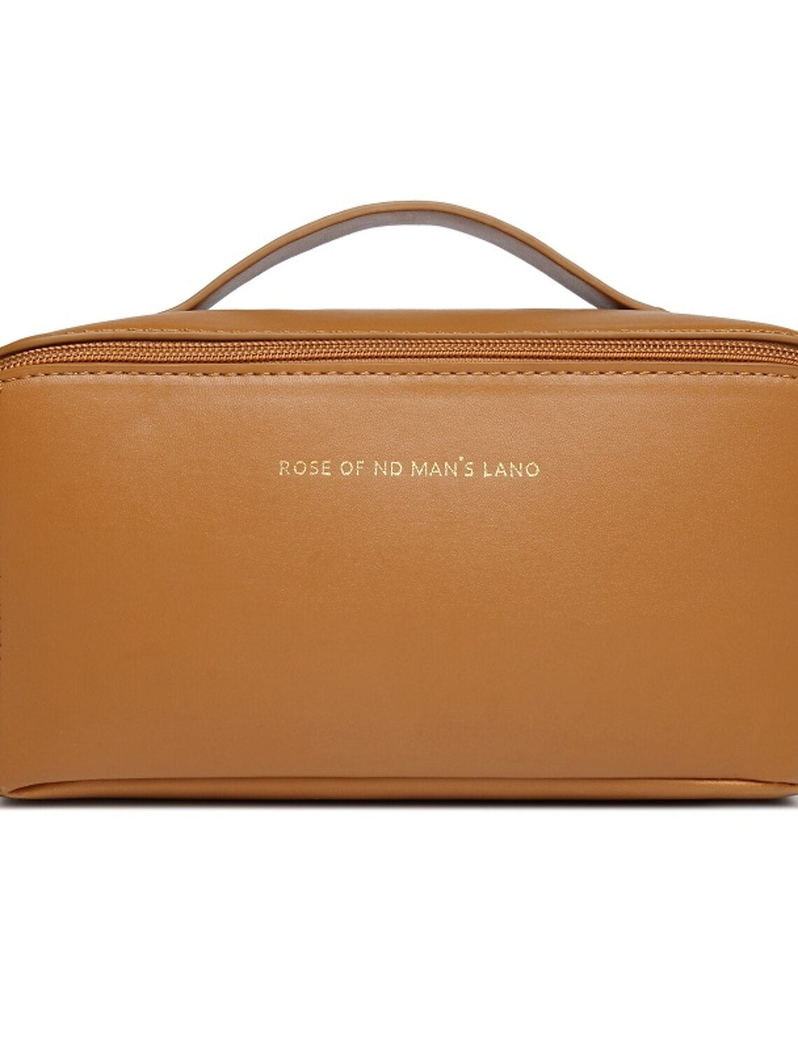 Open travel makeup bag with cosmetics inside.
