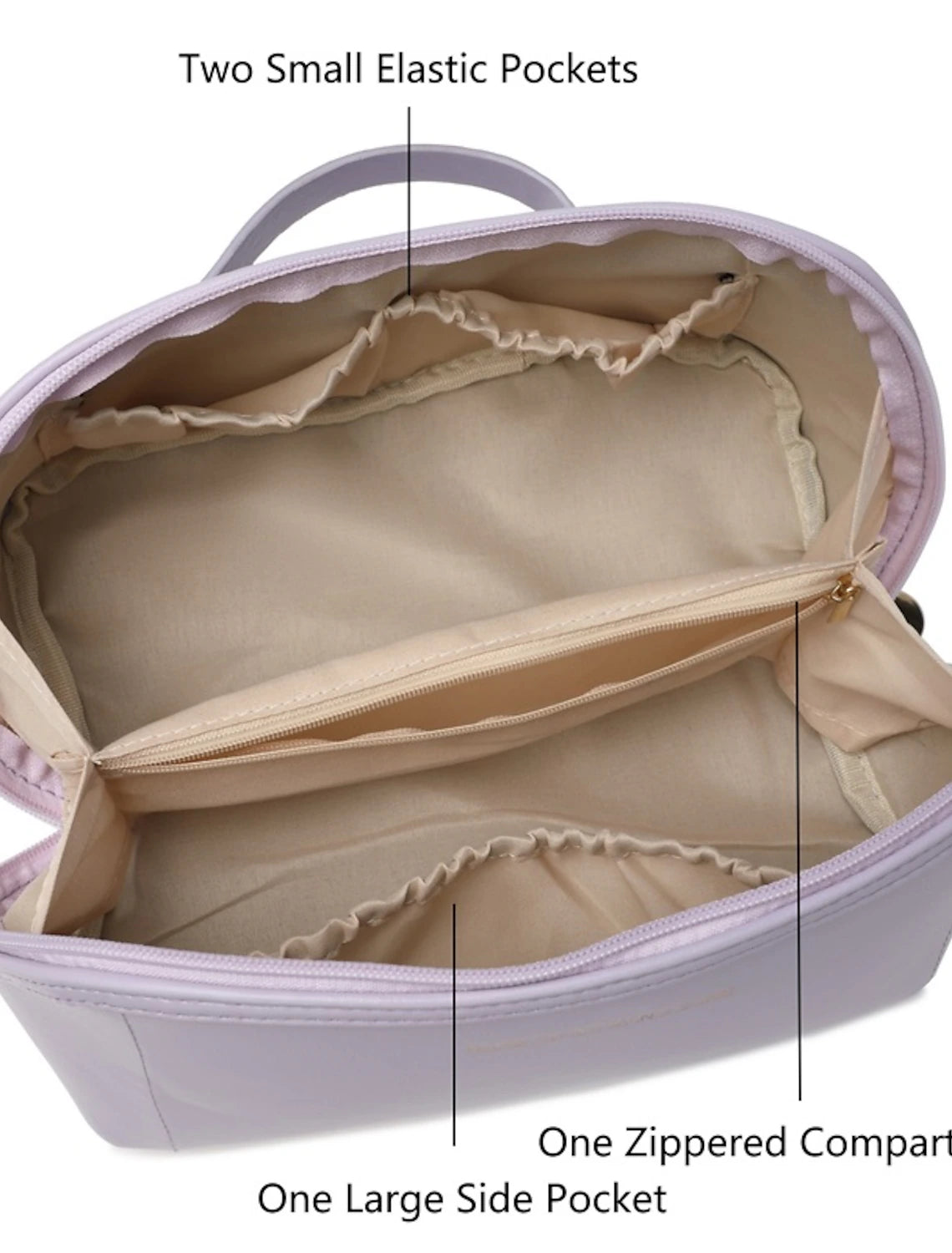 Travel makeup bag with zipper closure.