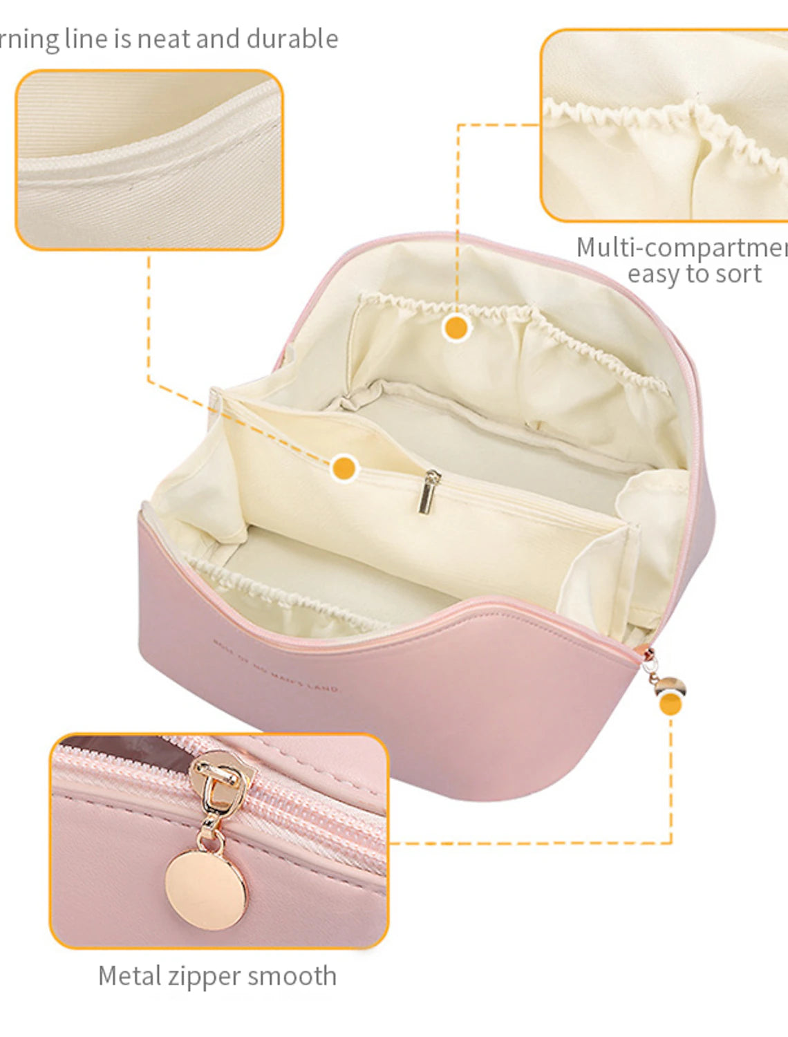 Compact travel makeup bag, front view.
