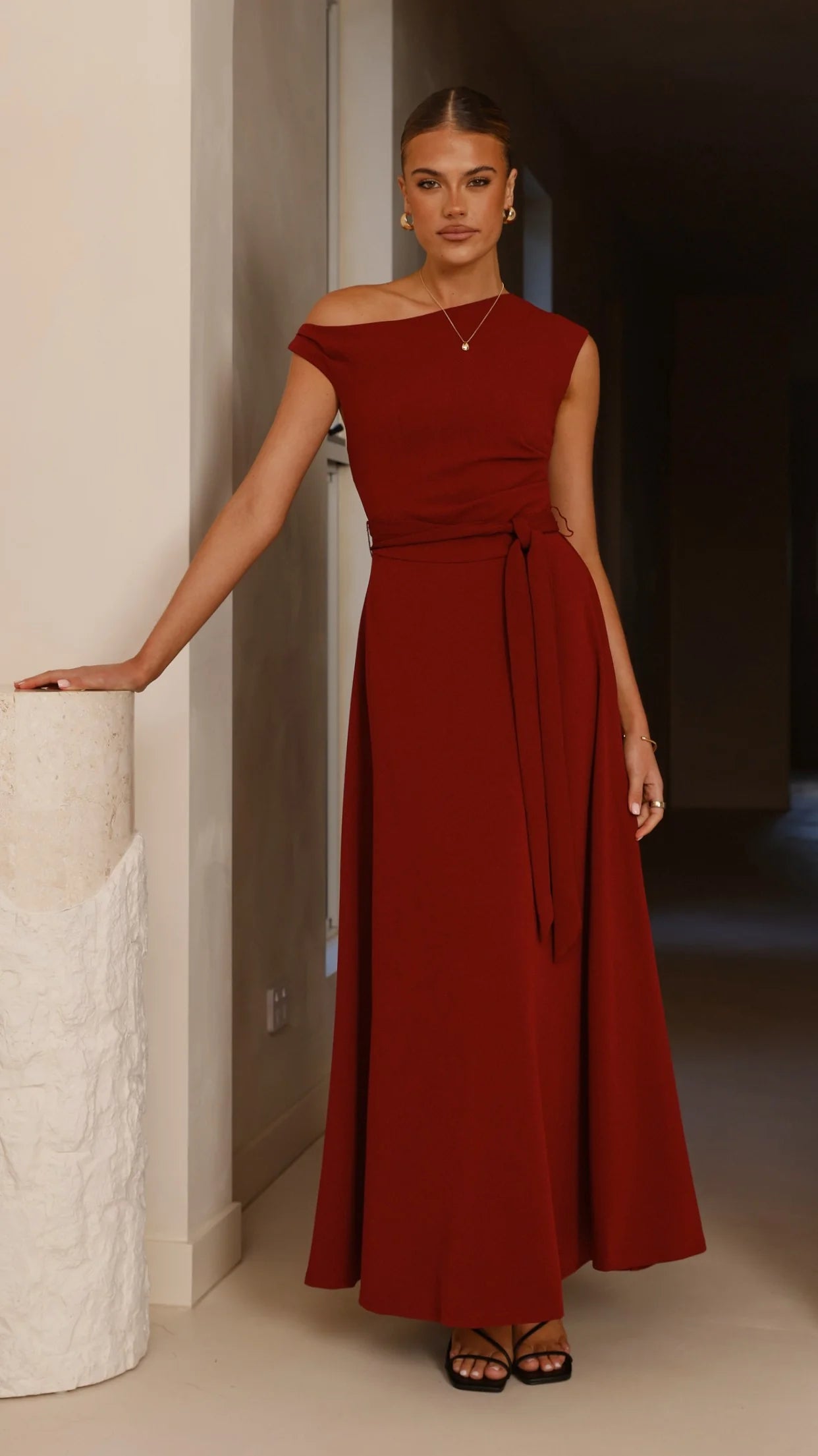 Sleek One-Shoulder Ruched Waist Maxi Prom Dress with Self-Tie Sash