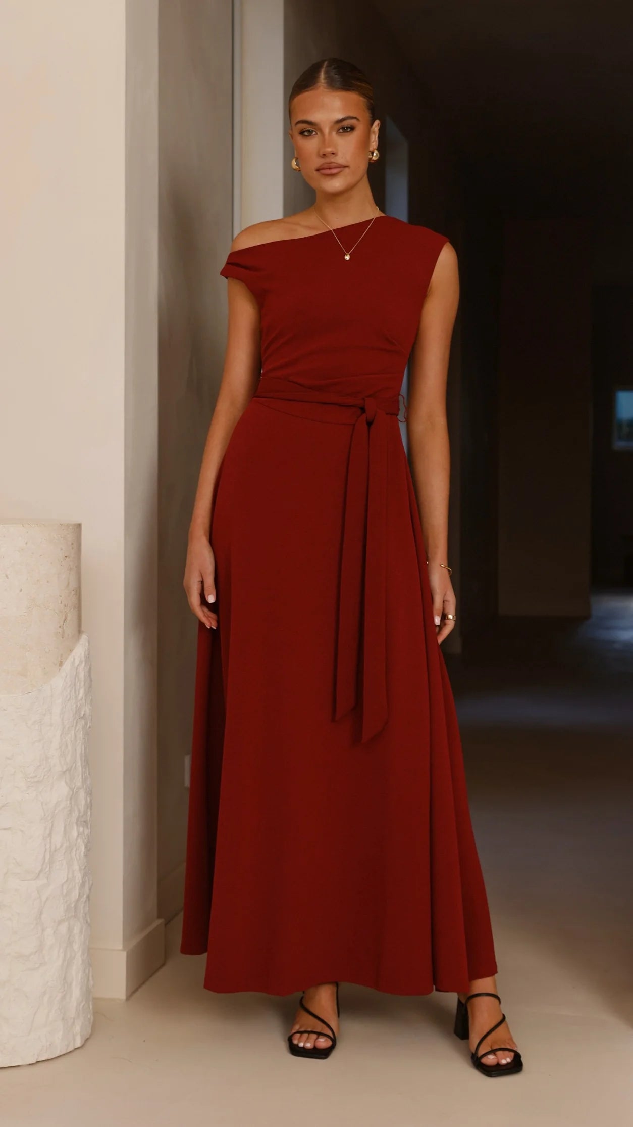 Sleek One-Shoulder Ruched Waist Maxi Prom Dress with Self-Tie Sash