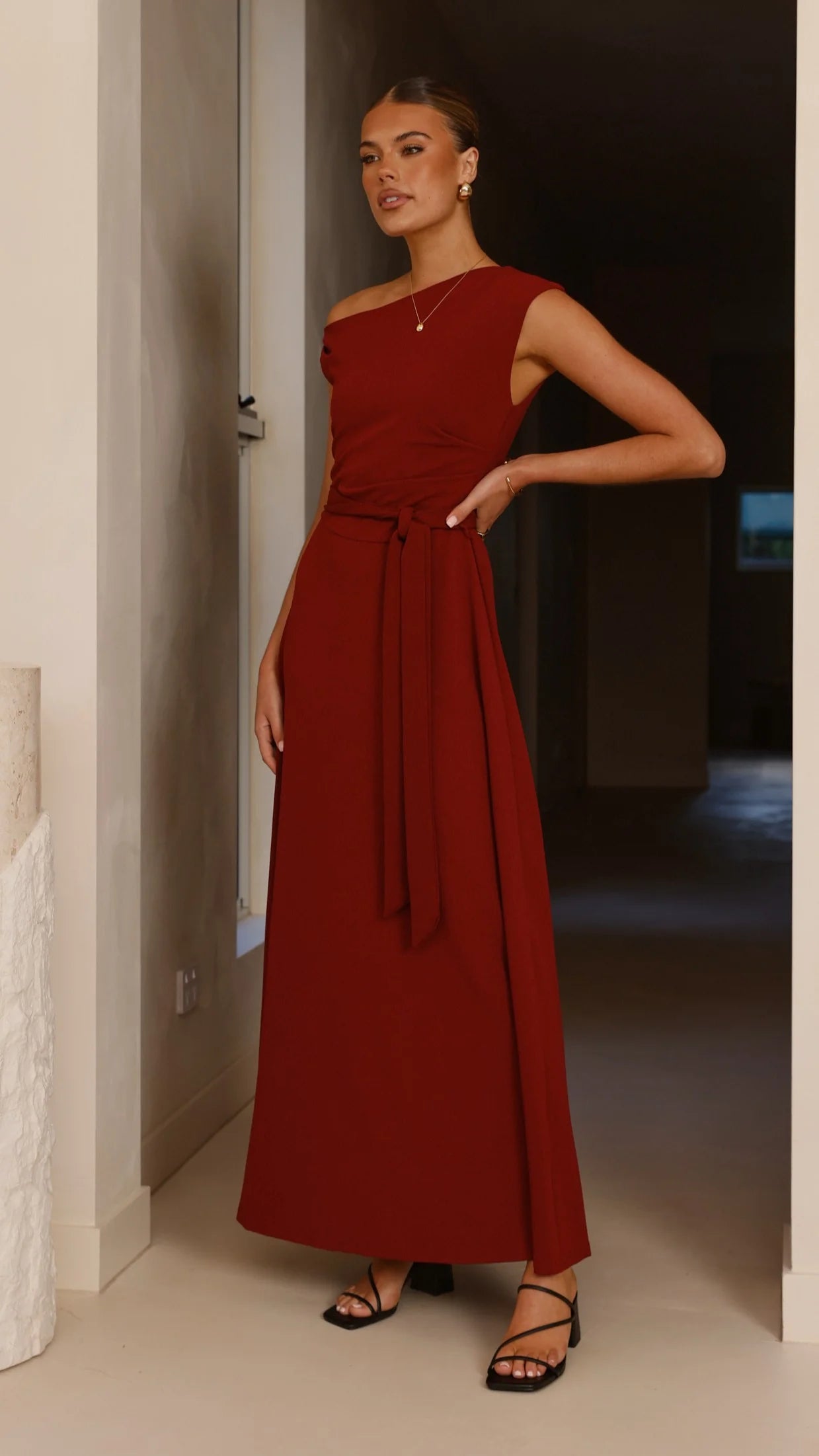 Sleek One-Shoulder Ruched Waist Maxi Prom Dress with Self-Tie Sash