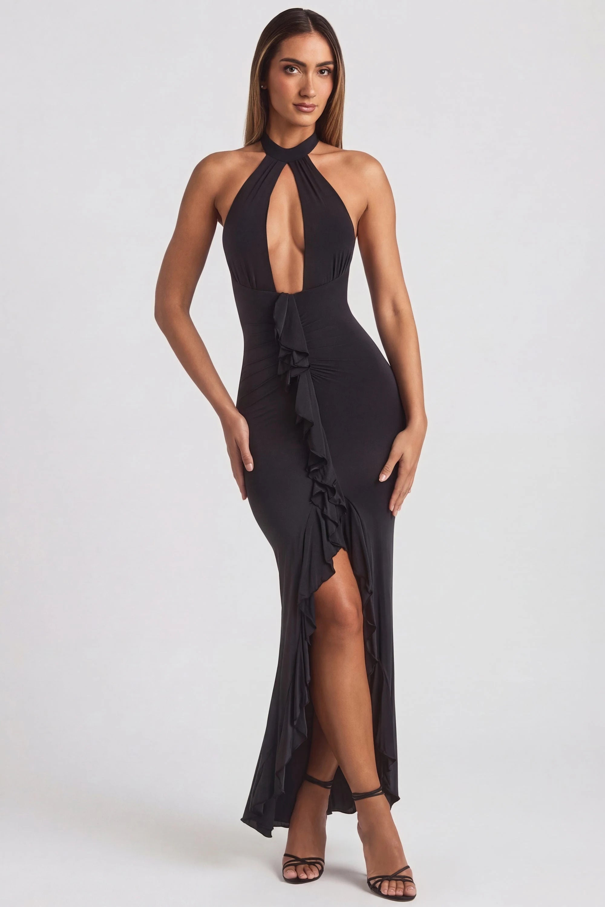 Sleek Bodycon Halter Sleeveless Ruched Ruffle Black Floor-Length Prom Dress Women's Gown