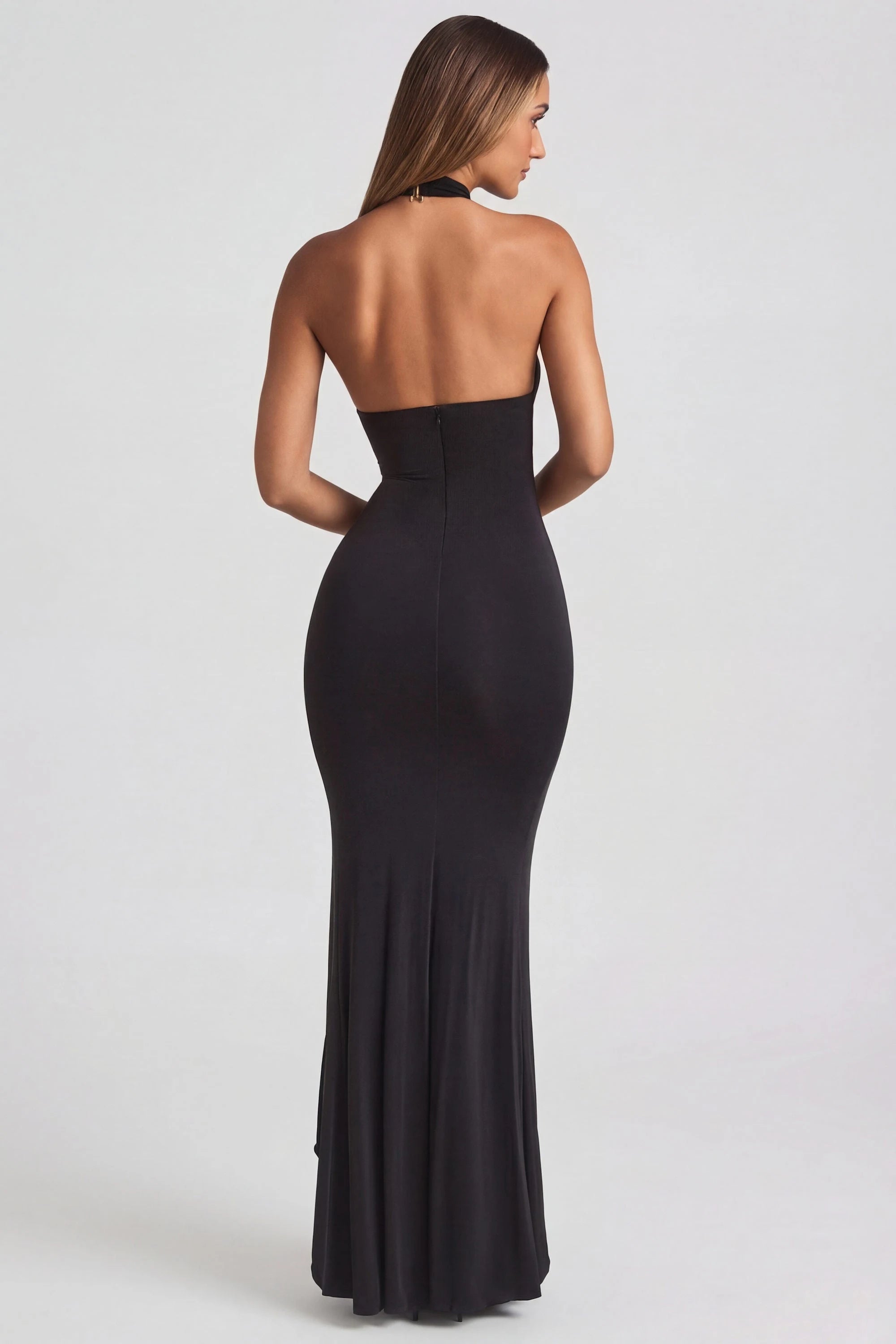 Sleek Bodycon Halter Sleeveless Ruched Ruffle Black Floor-Length Prom Dress Women's Gown