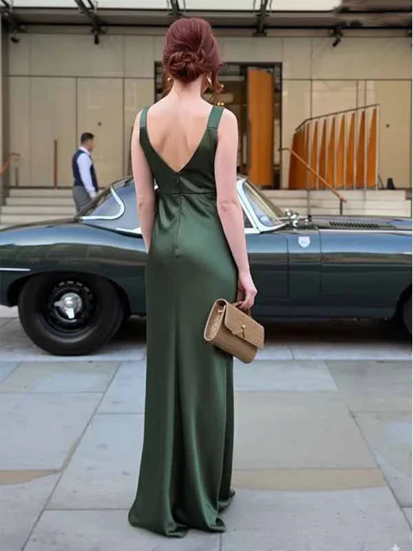Sleeveless V-Neck Satin Maxi Evening Dress with Deep V Back and Trailing Skirt