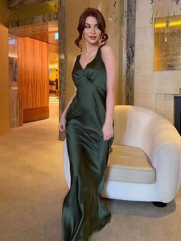Sleeveless V-Neck Satin Maxi Evening Dress with Deep V Back and Trailing Skirt