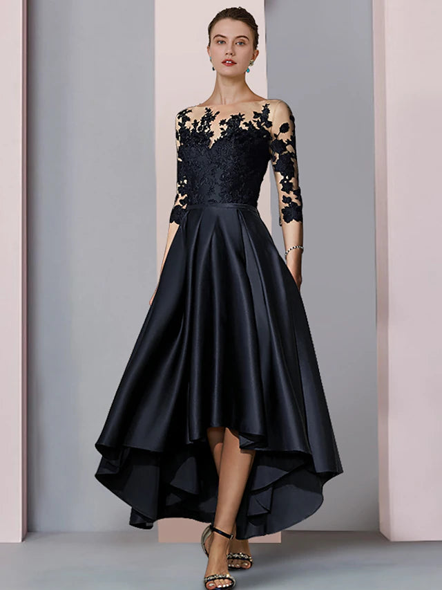 Elegant A-Line Mother of the Bride dress with scoop neck and 3/4 sleeves, featuring a high-low tea length hem and lace.