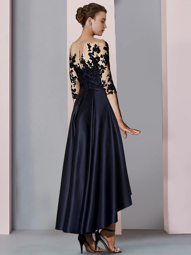 Back view of the A-Line Mother of the Bride dress, showcasing the asymmetrical high-low hem and pleated satin fabric.