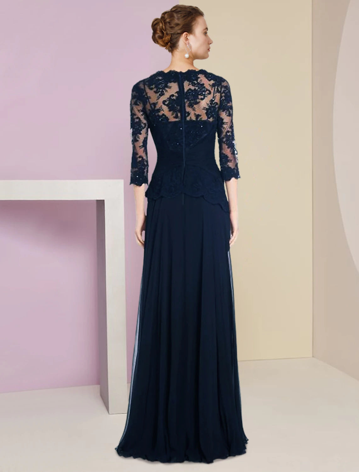 Elegant A-Line chiffon lace dress for formal occasions.