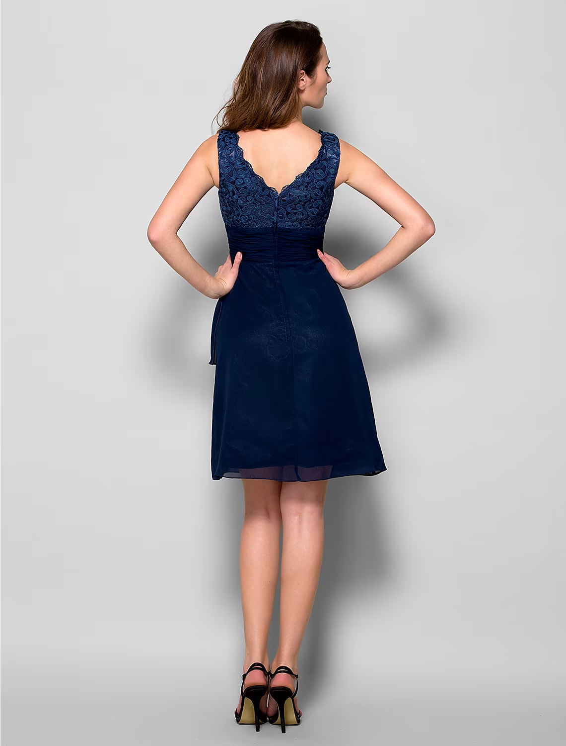 Side view of the elegant A-Line V-neck dress.